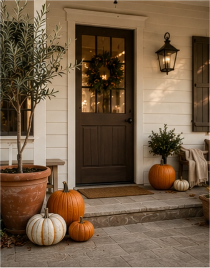 Restaurant patio path with lanterns and autumn styling