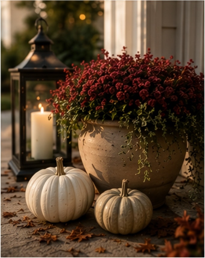 Lantern, florals, pumpkins, and stone detail